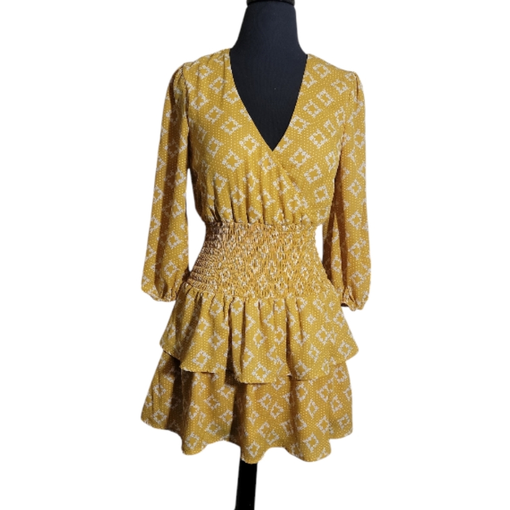 Blue Rain yellow white geometric v neck smocked tiered mini dress women's XS
